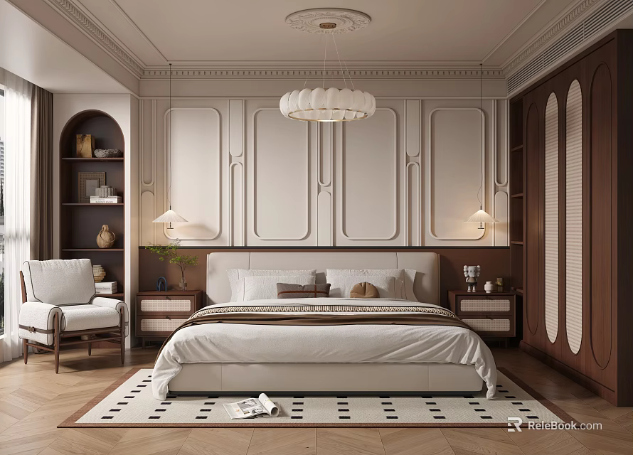 Elegant Modern Bedroom With White Bed Wooden Wardrobe Chandelier Decorative Wall Panels Armchair And Rug 3d model 