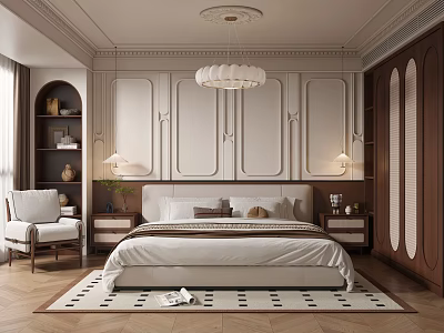 Elegant Modern Bedroom With White Bed Wooden Wardrobe Chandelier Decorative Wall Panels Armchair And Rug 3d model