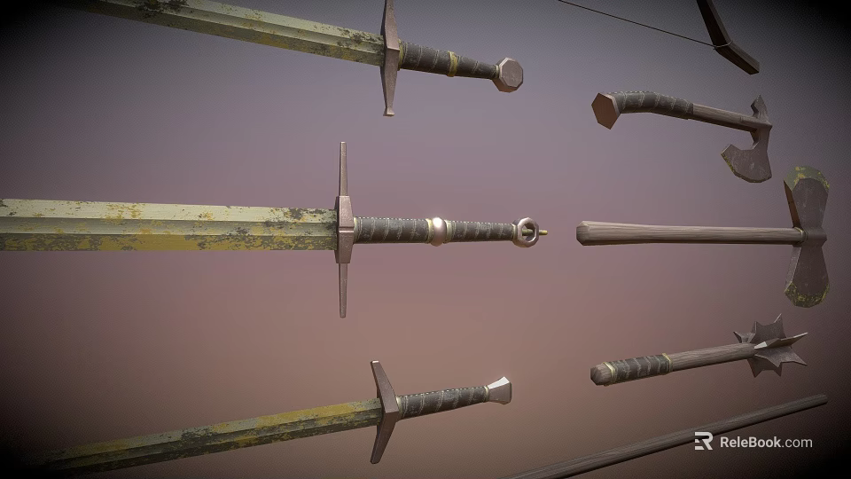 Ancient Traditional Weapons Collection Featuring Iron Swords With Decorative Handles And Rustic Blades 3d model 