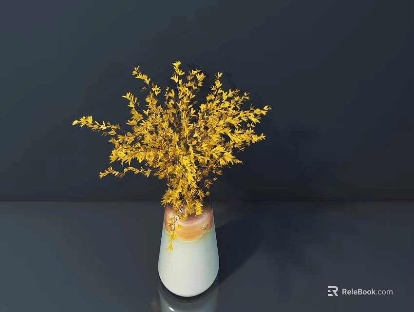 Yellow Foliage in White and Orange Gradient Vase on Gray Tabletop with Dark Background 3d model 