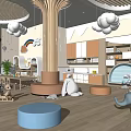 Cozy Kindergarten With Wooden Elements Cloud Decorations Rainbow Toys Bookshelves And Round Cushions