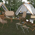 Campsite With White Tent Wooden Tables Folding Chairs And Outdoor Grass Setting
