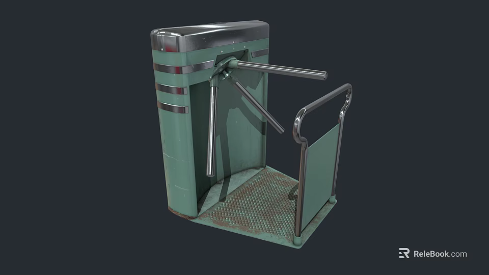 Road Facility Tripod Turnstile With Green Metal Body Silver Top And Pedal Base Handrail 3d model 
