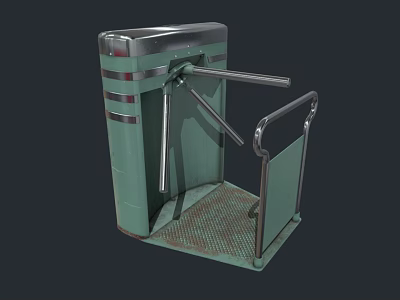 Road Facility Tripod Turnstile With Green Metal Body Silver Top And Pedal Base Handrail 3d model