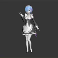 Anime Style Game Character With Blue Pink Hair In Black White Maid Outfit