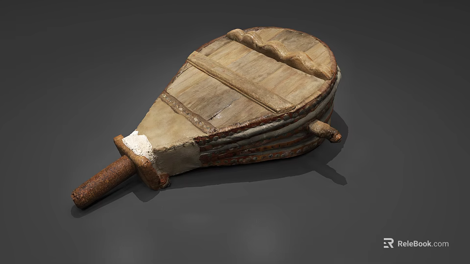 Ancient Handcrafted Wooden Leather Tool With Worn Surface And Long Handle 3d model 
