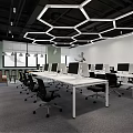 Modern Public Office Space With Hexagonal Ceiling Lights Computer Workstations And Open Layout 3d model