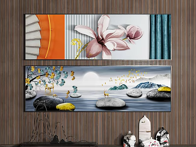 Hanging Decorative Paintings With Floral Fan And Landscape Scenery On Wooden Wall 3d model