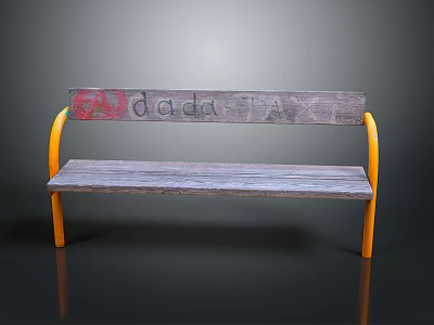 Rustic Wooden Bench With Orange Legs Red Letters On Backrest 3d model