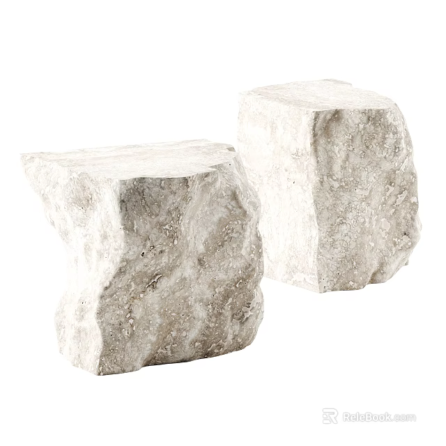 Two White Natural Stone Coffee Tables with Rough Texture and Minimalist Design 3d model 