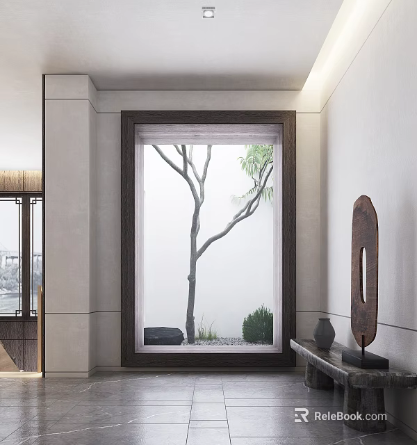Tall Arbor in Indoor Interior With Large Window Green Foliage and Decorative Stones 3d model 