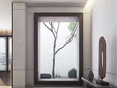 Tall Arbor in Indoor Interior With Large Window Green Foliage and Decorative Stones 3d model