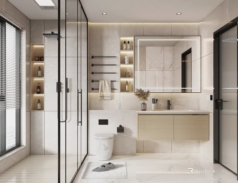 Modern Bathroom Interior Design With Glass Shower Enclosure Marble Wall Tiles And Large Vanity Mirror 3d model 