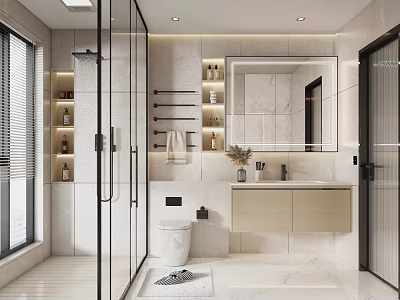 Modern Bathroom Interior Design With Glass Shower Enclosure Marble Wall Tiles And Large Vanity Mirror 3d model