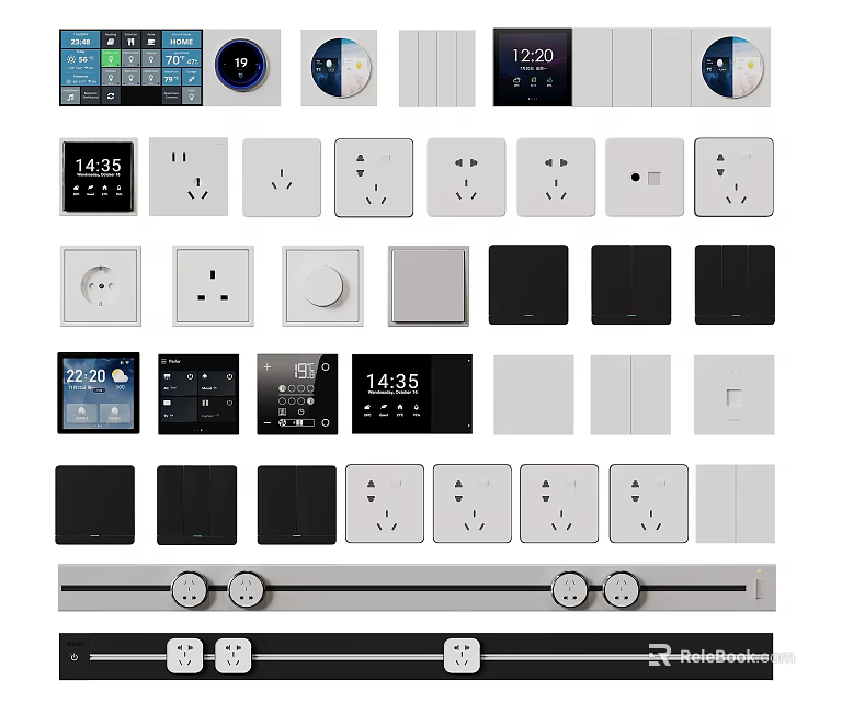 Various Modern Switch Panels Featuring Digital Display Socket Combinations And Color Options 3d model 