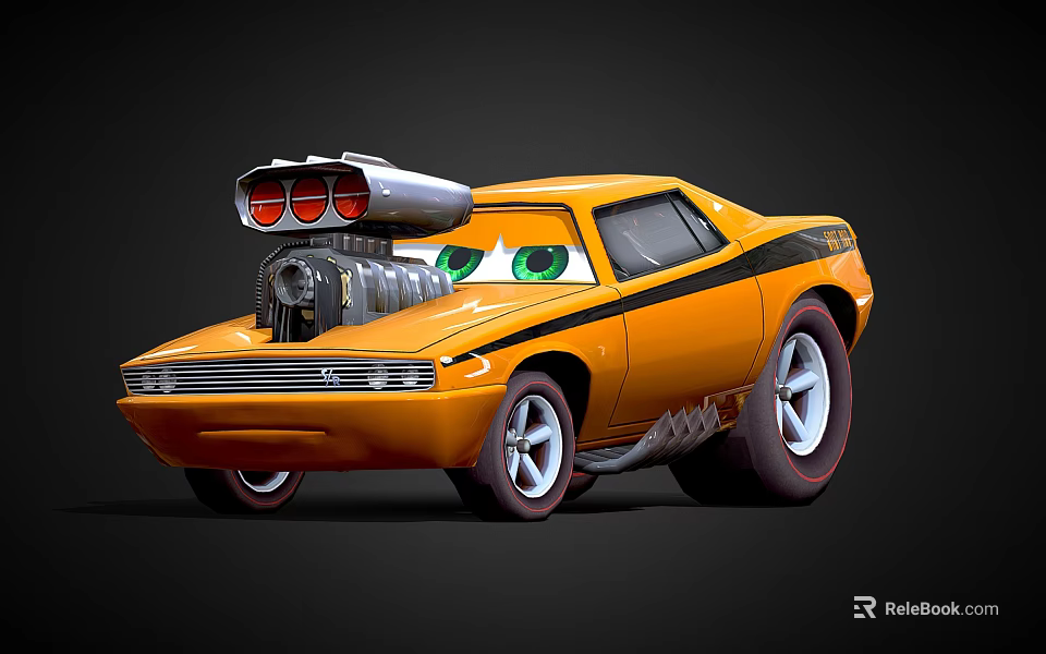Electric Toy Cartoon Style Yellow Car With Big Eyes Engine And Exhaust Pipes 3d model 