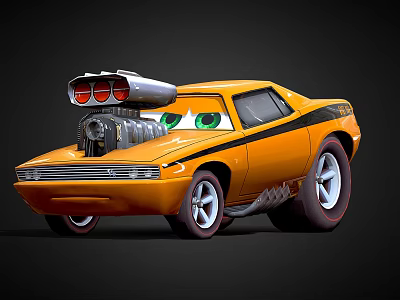Electric Toy Cartoon Style Yellow Car With Big Eyes Engine And Exhaust Pipes 3d model