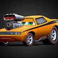 Electric Toy Cartoon Style Yellow Car With Big Eyes Engine And Exhaust Pipes