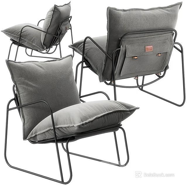 Modern Gray Fabric Lounge Chair With Black Metal Frame Cushion And Side Pocket Design 3d model 