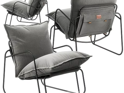 Modern Gray Fabric Lounge Chair With Black Metal Frame Cushion And Side Pocket Design 3d model