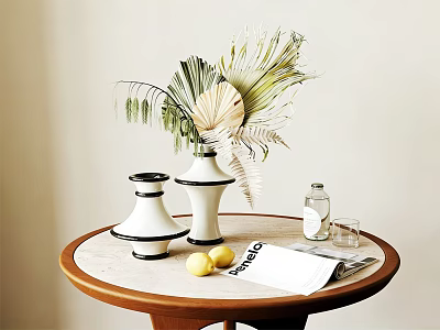 Round Coffee Table With Marble Top Wooden Frame White Vase Green Leaves Two Yellow Lemons Magazine Water Bottle And Glass 3d model