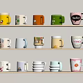 Colorful Decorative Mugs Displayed On Multiple Wooden Shelves With Various Colors And Patterns
