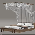 Elegant Wooden Bed With White Canopy Curtain And Side Bench