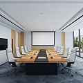 Modern Conference Room Interior With Long Table White Chairs Projection Screen And Large Windows