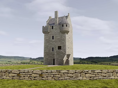 Ancient Stone Tower with Historic Architecture Stone Wall Grassland and Distant Mountains 3d model
