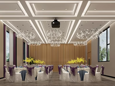 Modern Banquet Hall Interior with Ceiling Chandeliers Wooden Walls Tables Flowers Chairs Windows and Projector 3d model