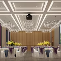 Modern Banquet Hall Interior with Ceiling Chandeliers Wooden Walls Tables Flowers Chairs Windows and Projector