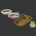 Three Different Handwoven Baskets And Small Cloth Bag As Practical Household Items