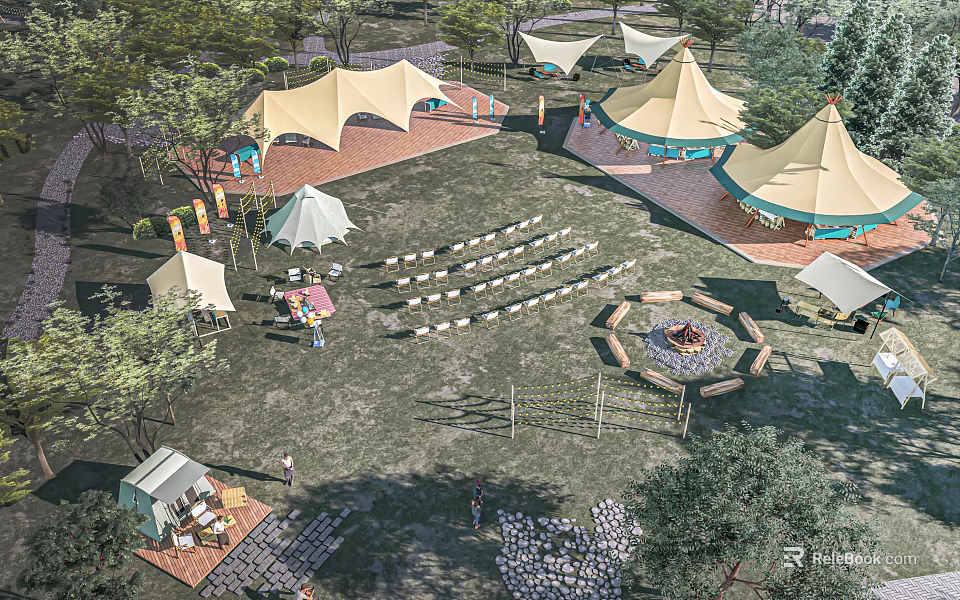 Garden Landscape With Tents Fire Pit Seating And Green Trees Outdoor Area 3d model 