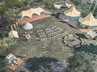 Garden Landscape With Tents Fire Pit Seating And Green Trees Outdoor Area 3d model