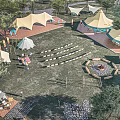 Garden Landscape With Tents Fire Pit Seating And Green Trees Outdoor Area