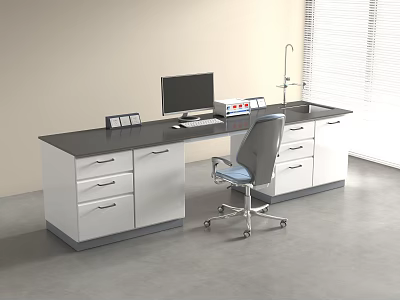 Modern Laboratory Workbench With Computer Equipment Drawers And Ergonomic Chair 3d model