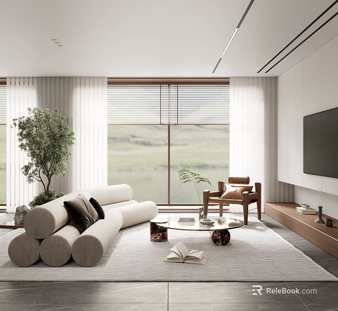 Modern Living Room With White Sofa Wooden Chair Round Coffee Table And Large Windows 3d model 