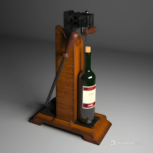 Wooden Wine Opener with Handle and Red Wine Bottle on Wooden Stand 3d model 