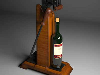 Wooden Wine Opener with Handle and Red Wine Bottle on Wooden Stand 3d model