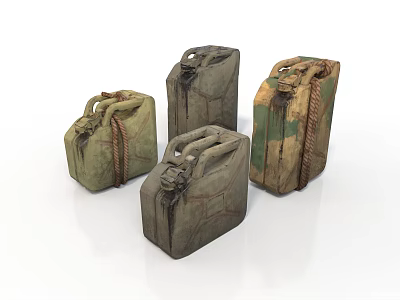 Four Vintage Jerry Cans With Handles Showing Worn Textures And Various Colors 3d model