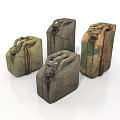 Four Vintage Jerry Cans With Handles Showing Worn Textures And Various Colors
