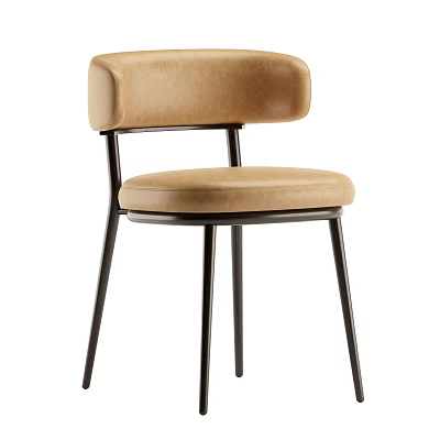 Modern Beige Upholstered Dining Chair With Curved Backrest And Black Metal Frame 3d model