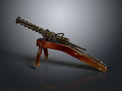 Antique Machine Gun Displayed On Wooden Stand With Vintage Military Design And Historical Look 3d model