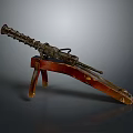 Antique Machine Gun Displayed On Wooden Stand With Vintage Military Design And Historical Look