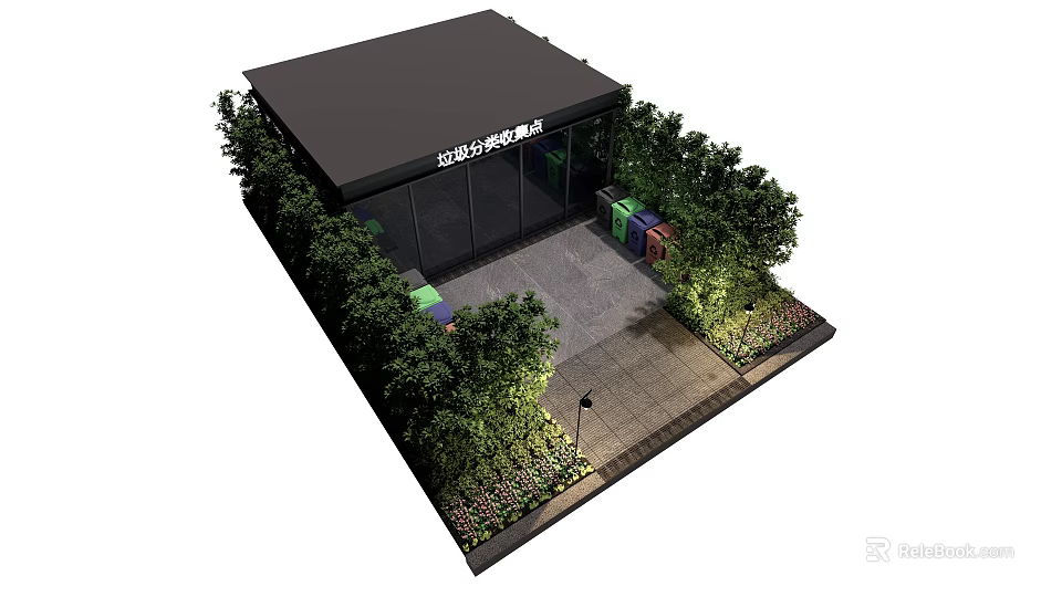 Garbage Sorting House Surrounded by Green Plants Trees and Waste Bins with Paved Ground 3d model 