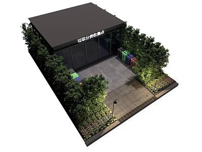 Garbage Sorting House Surrounded by Green Plants Trees and Waste Bins with Paved Ground 3d model