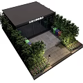Garbage Sorting House Surrounded by Green Plants Trees and Waste Bins with Paved Ground
