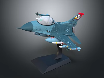 Military Fighter Jet Model with Cockpit Missiles and Colorful Tail on Black Display Stand 3d model