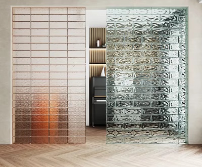 Modern Home Interior Glass Brick Partition Featuring Transparent Semi Transparent Design And Wooden Floor 3d model