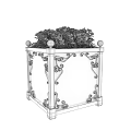 Roadside Decorative Planter With Wooden Structure Iron Ornaments And Orange Flowers Topped With Metal Balls